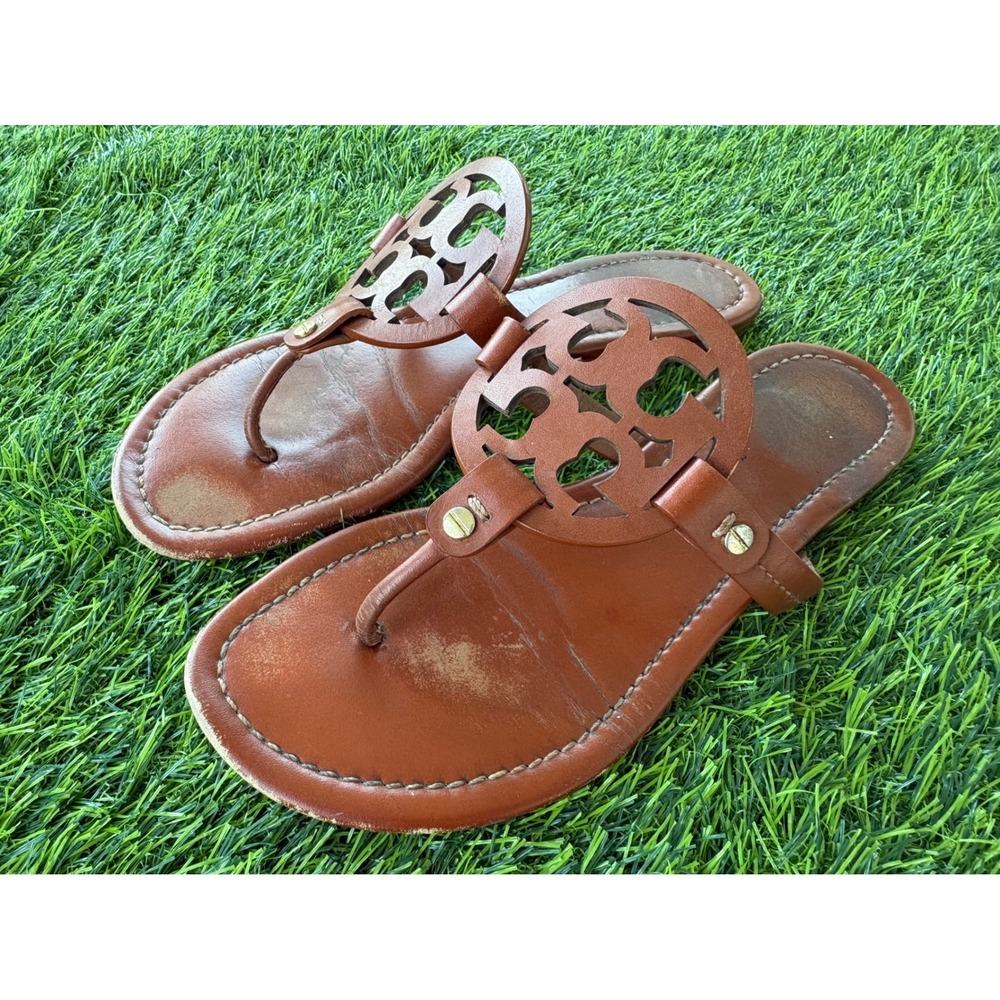 Tory Burch Miller Brown Leather Logo Thong Sandals Womens 9M 50008694